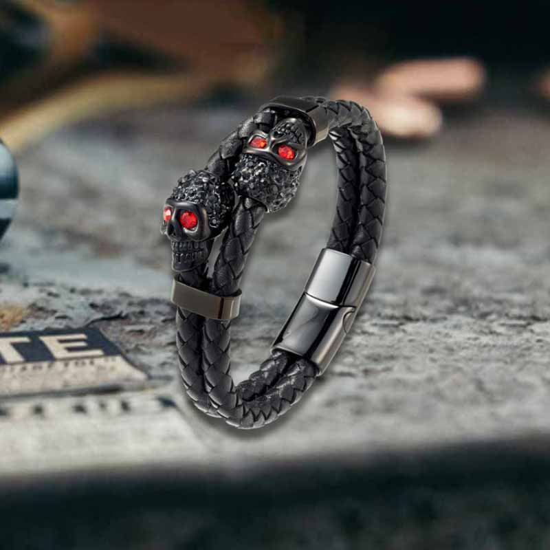 Punk Double Skull Stainless Steel Leather Bracelet