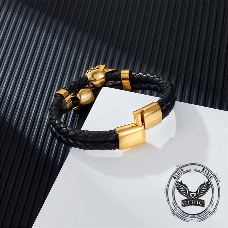 Punk Double Skull Stainless Steel Leather Bracelet