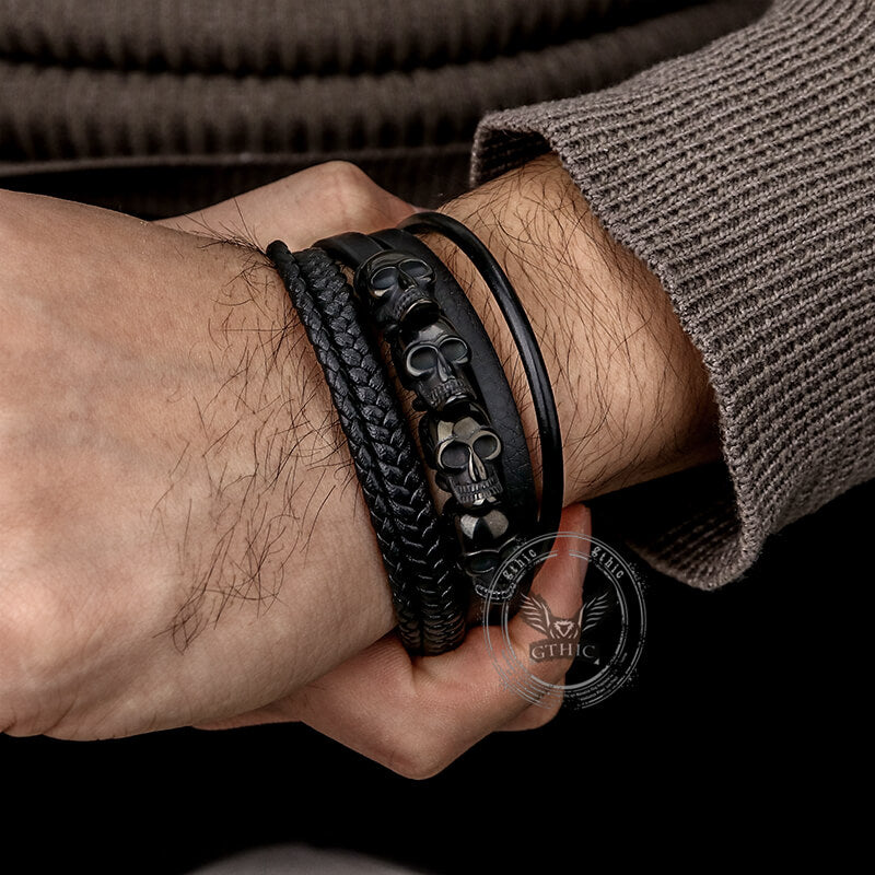 Punk Four Skulls Multi-layer Braided Leather Bracelet