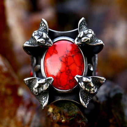 Punk Four Snake Heads Red Gem Stainless Steel Ring