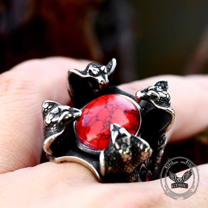 Punk Four Snake Heads Red Gem Stainless Steel Ring