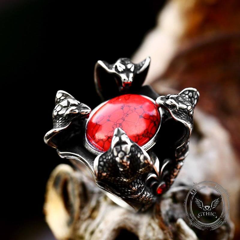 Punk Four Snake Heads Red Gem Stainless Steel Ring