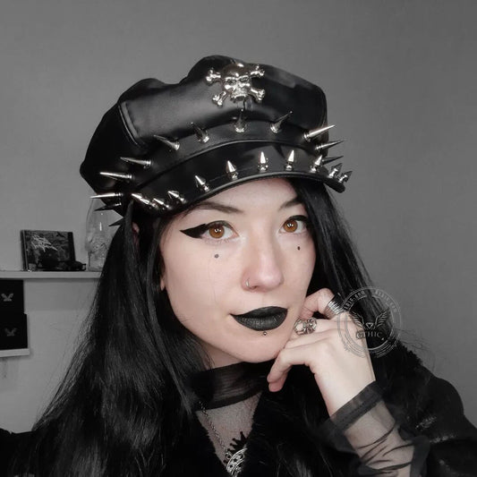 Punk Rivet Skull Pu Leather Newsboy Cap