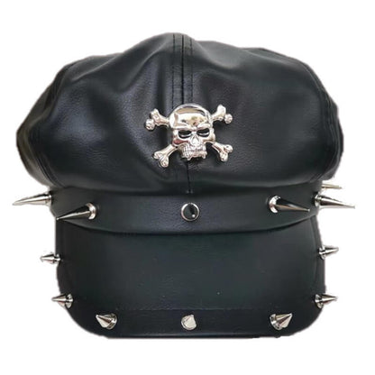 Punk Rivet Skull Pu Leather Newsboy Cap