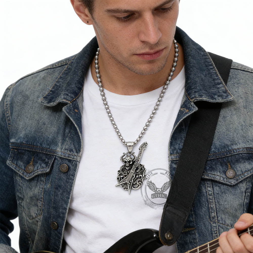 Punk Satan Skull Guitar-playing Stainless Steel Pendant