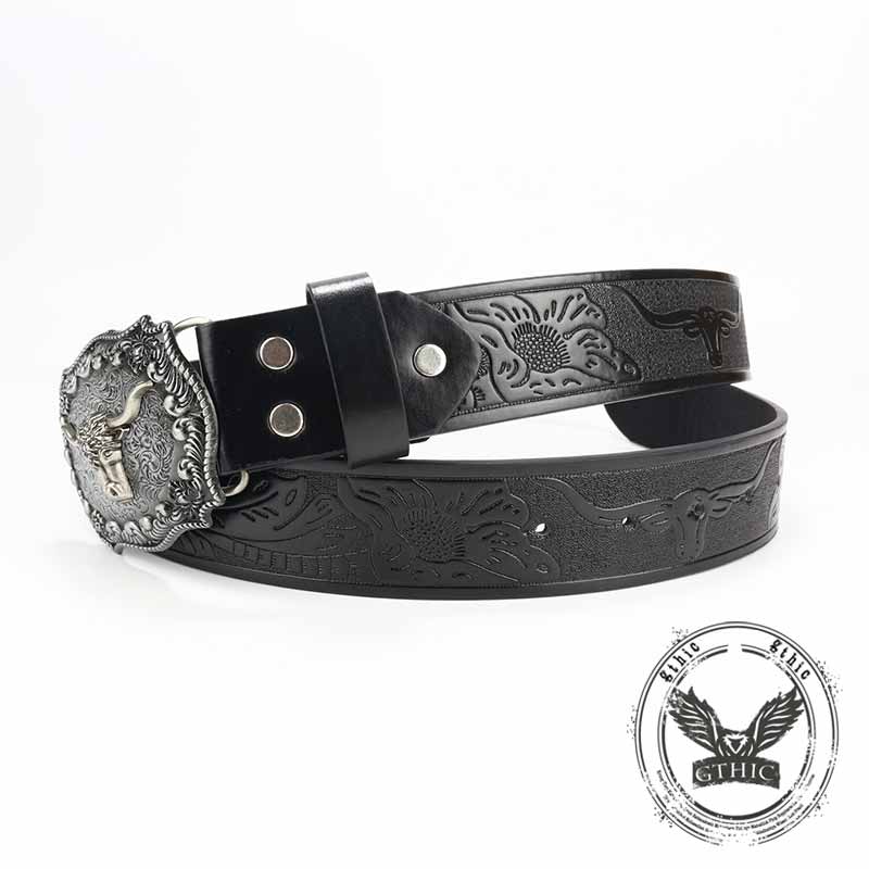 Punk Silver Bull Head Buckle Embossed Pu Leather Belt