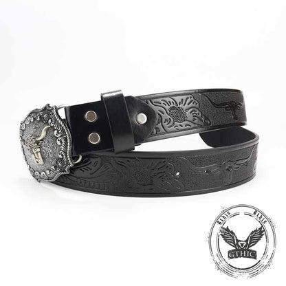 Punk Silver Bull Head Buckle Embossed Pu Leather Belt