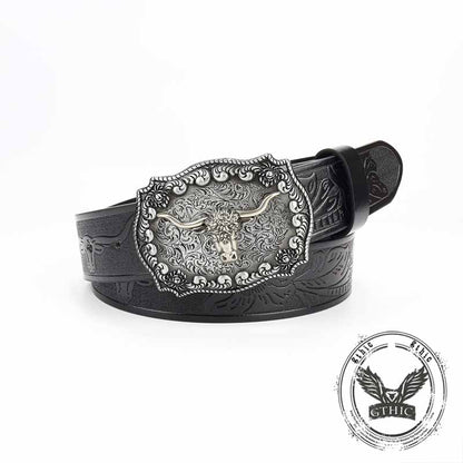 Punk Silver Bull Head Buckle Embossed Pu Leather Belt