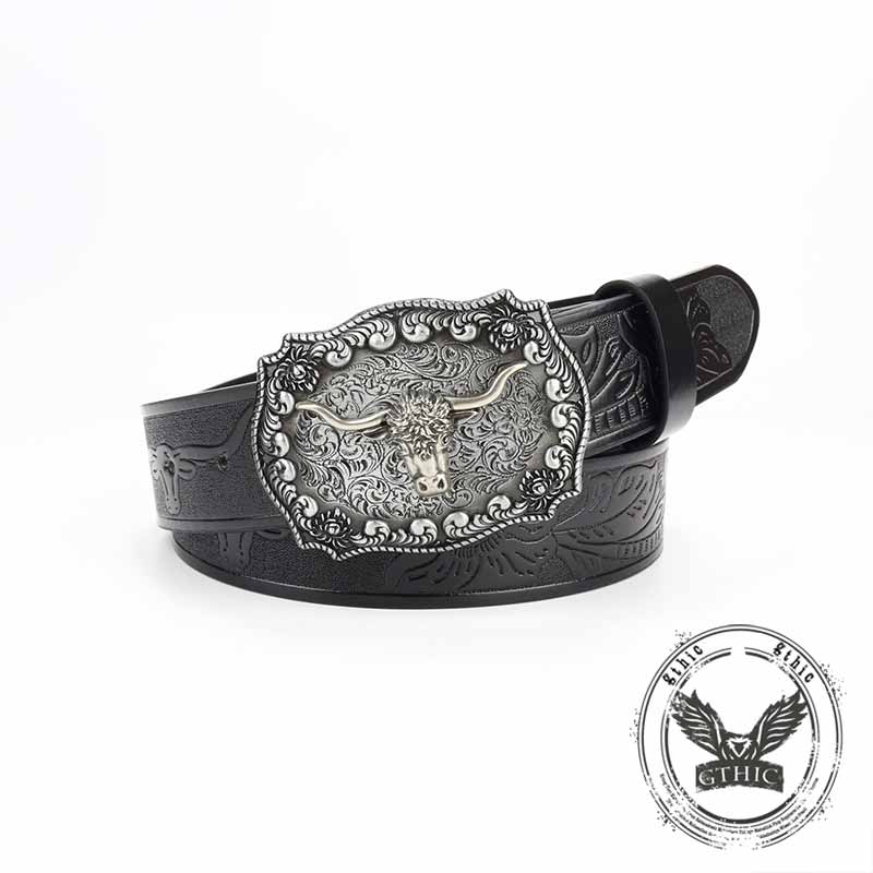 Punk Silver Bull Head Buckle Embossed Pu Leather Belt