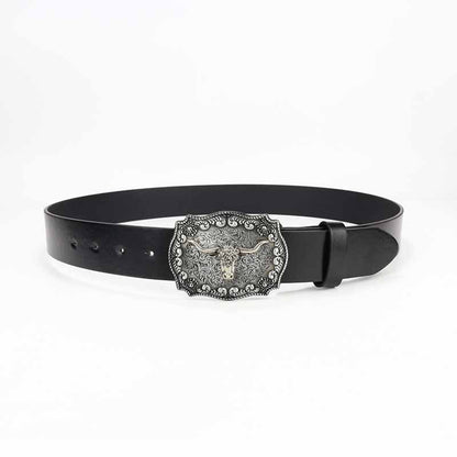 Punk Silver Bull Head Buckle Embossed Pu Leather Belt