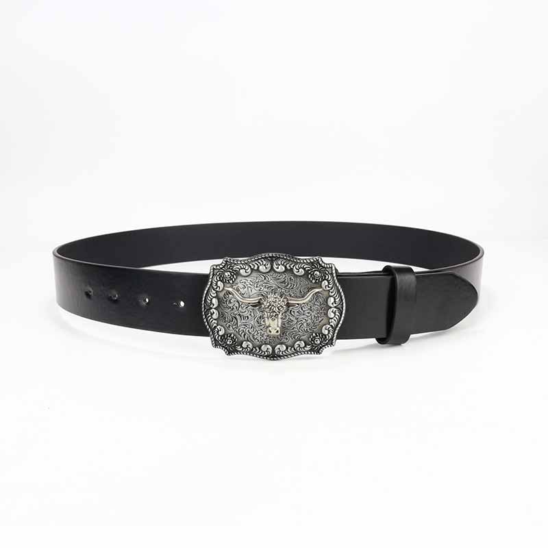Punk Silver Bull Head Buckle Embossed Pu Leather Belt
