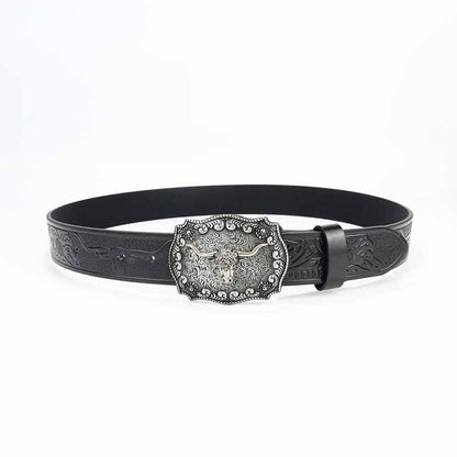 Punk Silver Bull Head Buckle Embossed Pu Leather Belt