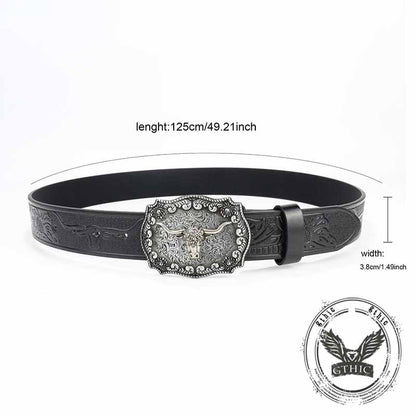 Punk Silver Bull Head Buckle Embossed Pu Leather Belt