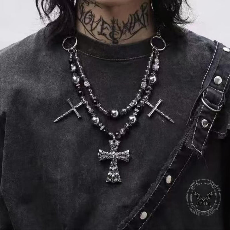 Punk Skull Cross Dark Gothic Studded Beaded Alloy Pendant