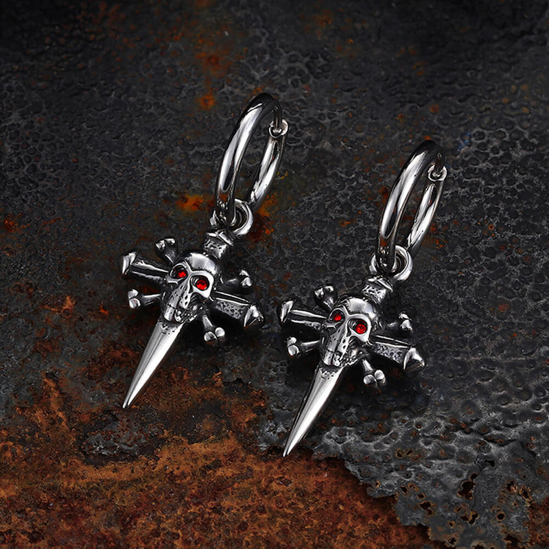 Punk Skull Nail Cross Stainless Steel Gem Earrings