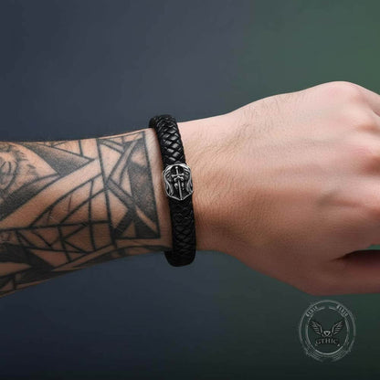 Punk St. Michael Archangel Woven Leather Stainless Steel Bracelet