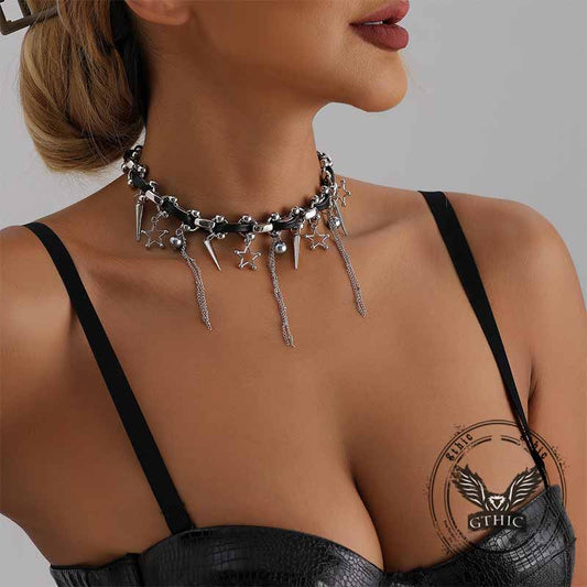 Punk Star Tassel Leather Rope Alloy Choker Necklace