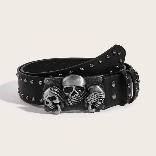 Punk Triple Skull Buckle Rivet Pu Leather Belt
