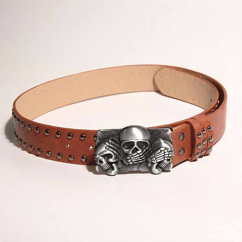 Punk Triple Skull Buckle Rivet Pu Leather Belt