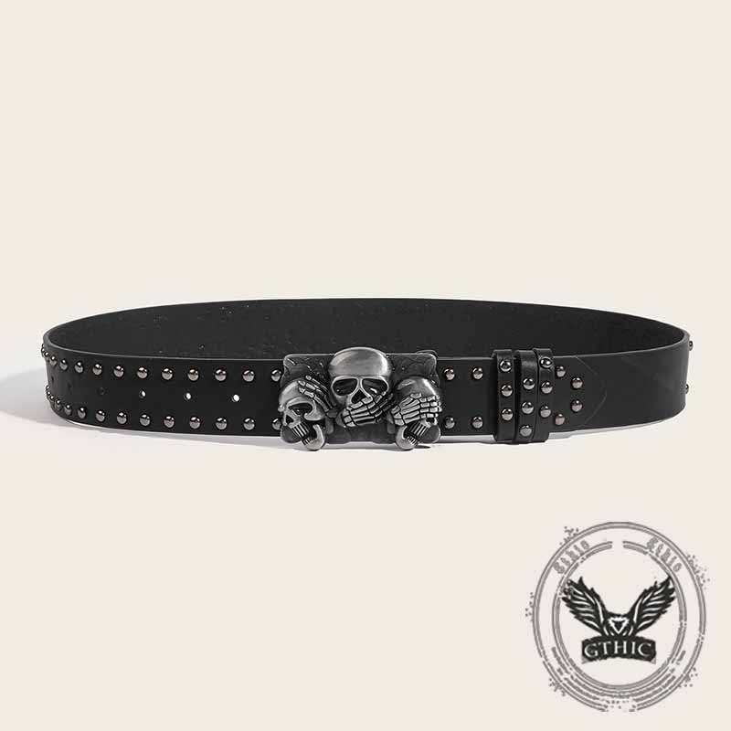 Punk Triple Skull Buckle Rivet Pu Leather Belt