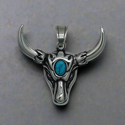 Punk Turquoise Bull Head Stainless Steel Pendant