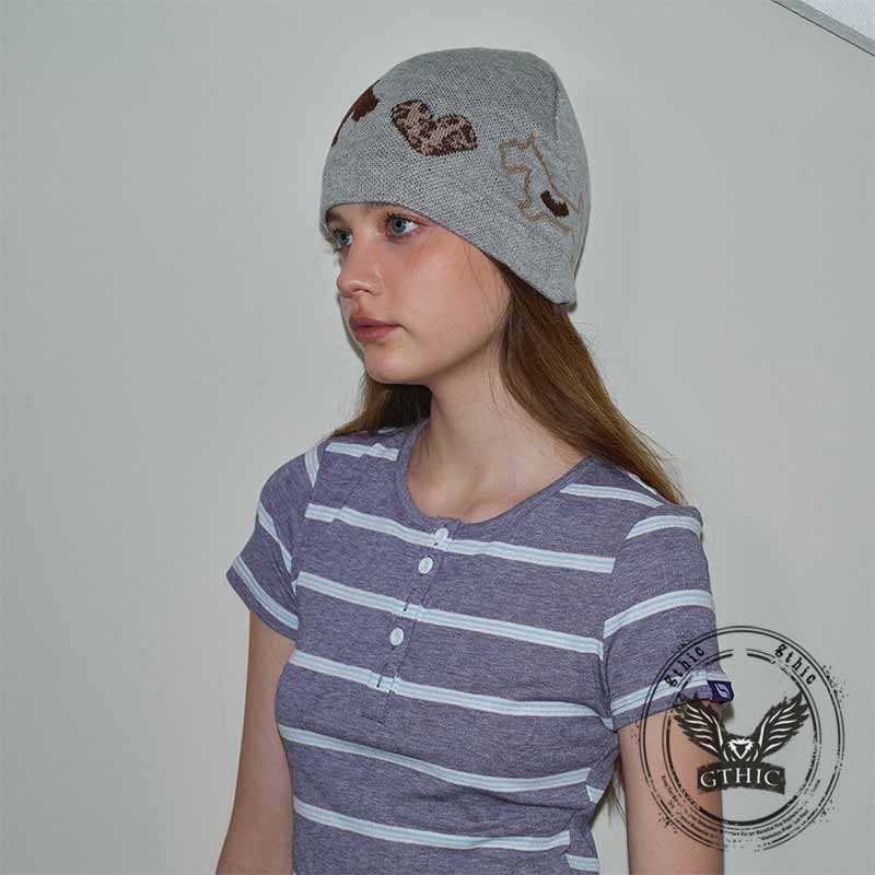 Puppy Heart Jacquard Wool Blend Knitted Beanie Hat