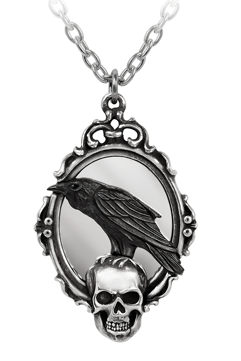 Raven and Skull Pendant With Ornate Mirror Frame