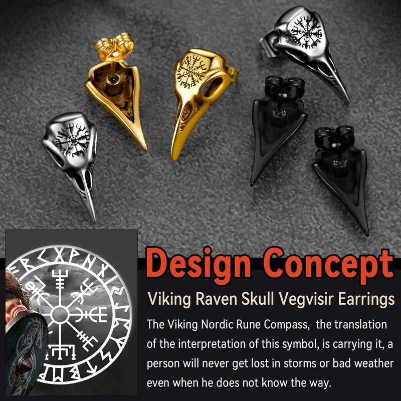Viking Raven Skull Stud Earrings With Viking Vegvisir for