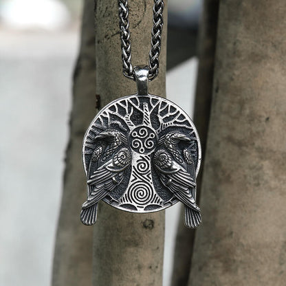 Raven Tree of Life Stainless Steel Viking Pendant