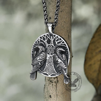 Raven Tree of Life Stainless Steel Viking Pendant