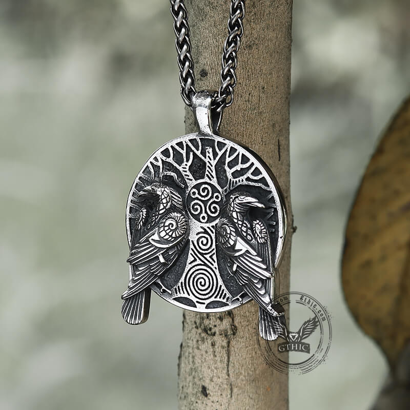 Raven Tree of Life Stainless Steel Viking Pendant