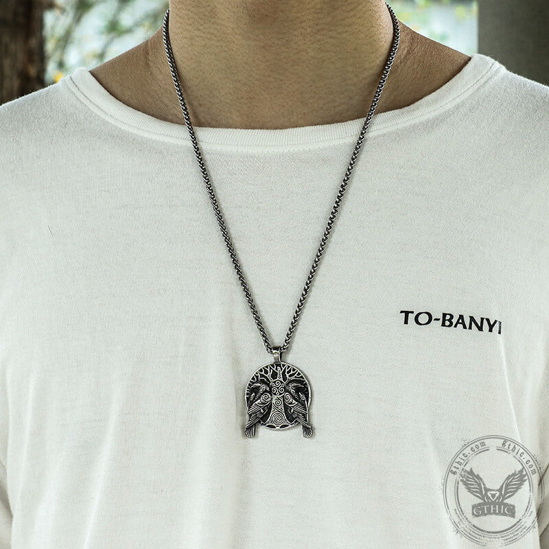 Raven Tree of Life Stainless Steel Viking Pendant