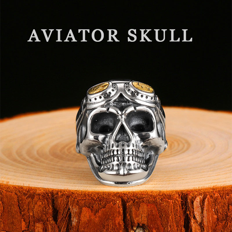 925 Silver Aviator Skull Adjustable Ring for and / Big Heavy Ring / Biker Jewelry