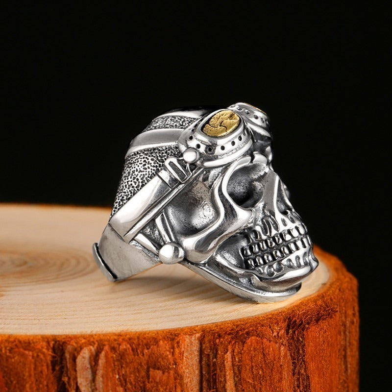 925 Silver Aviator Skull Adjustable Ring for and / Big Heavy Ring / Biker Jewelry