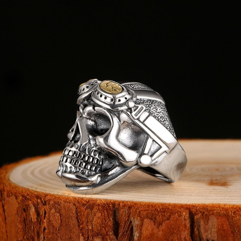 925 Silver Aviator Skull Adjustable Ring for and / Big Heavy Ring / Biker Jewelry