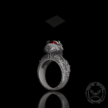 Red Eyed Demon Skull Sterling Silver Ring