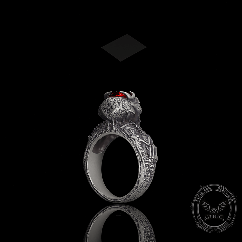 Red Eyed Demon Skull Sterling Silver Ring