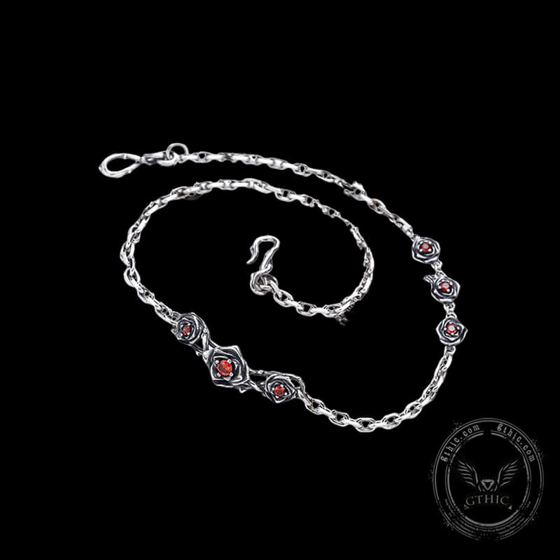 Red Gem-set Roses Sterling Silver Necklace