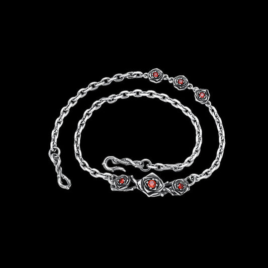 Red Gem-set Roses Sterling Silver Necklace