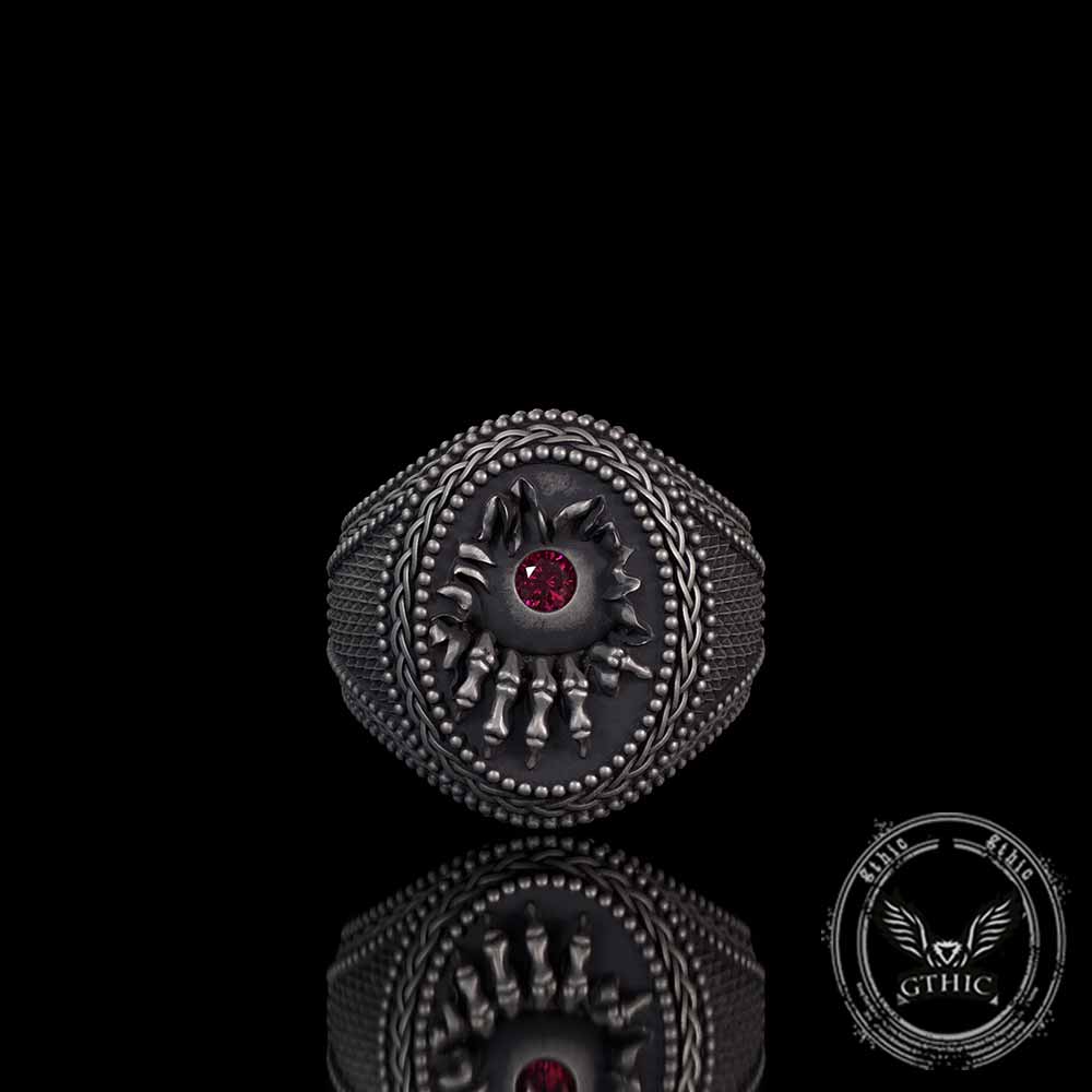 Red Zircon Eye Skull Hand Punk Sterling Silver Ring