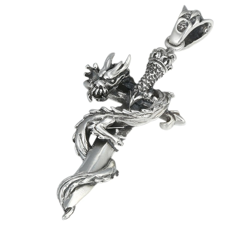 Retro Pendant in Form Holy Sword With Hovering Dragon / Jewelry of Real S925 Pure Silver