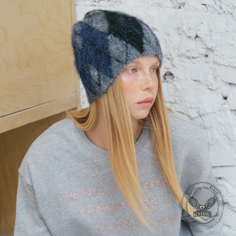 Retro Diamond Pattern Wool Blend Knitted Beanie Hat