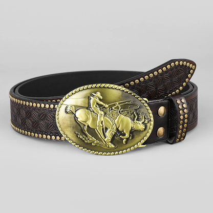 Retro Western Cowboy Bull Relief Pattern Pu Leather Belt