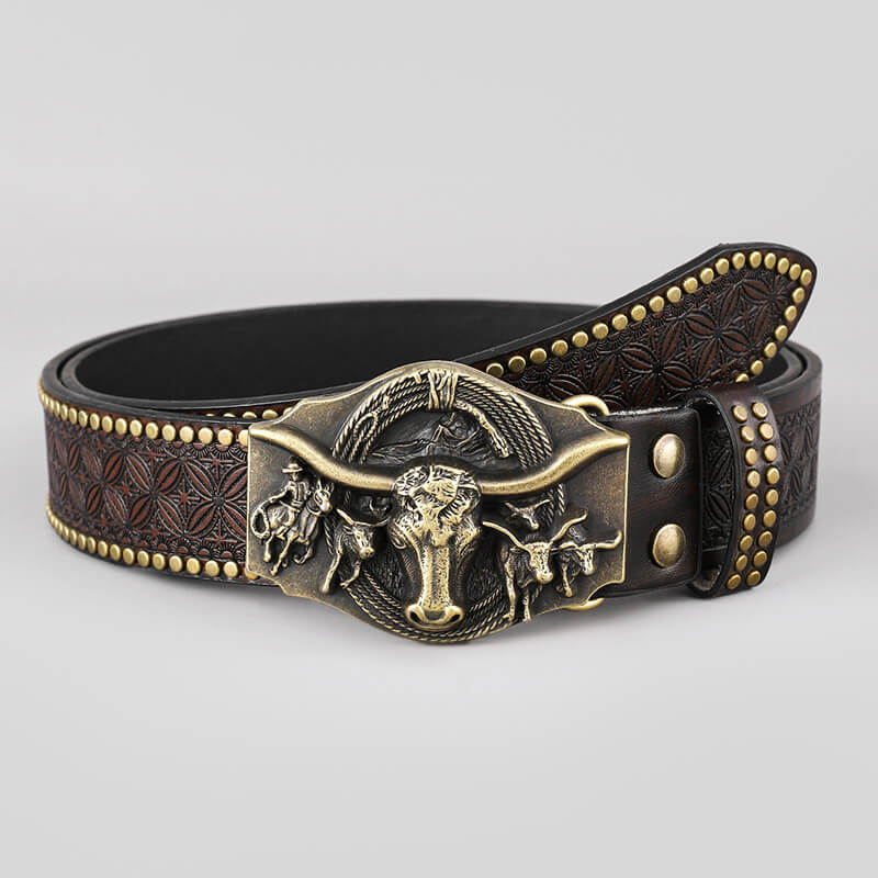 Retro Western Cowboy Bull Relief Pattern Pu Leather Belt