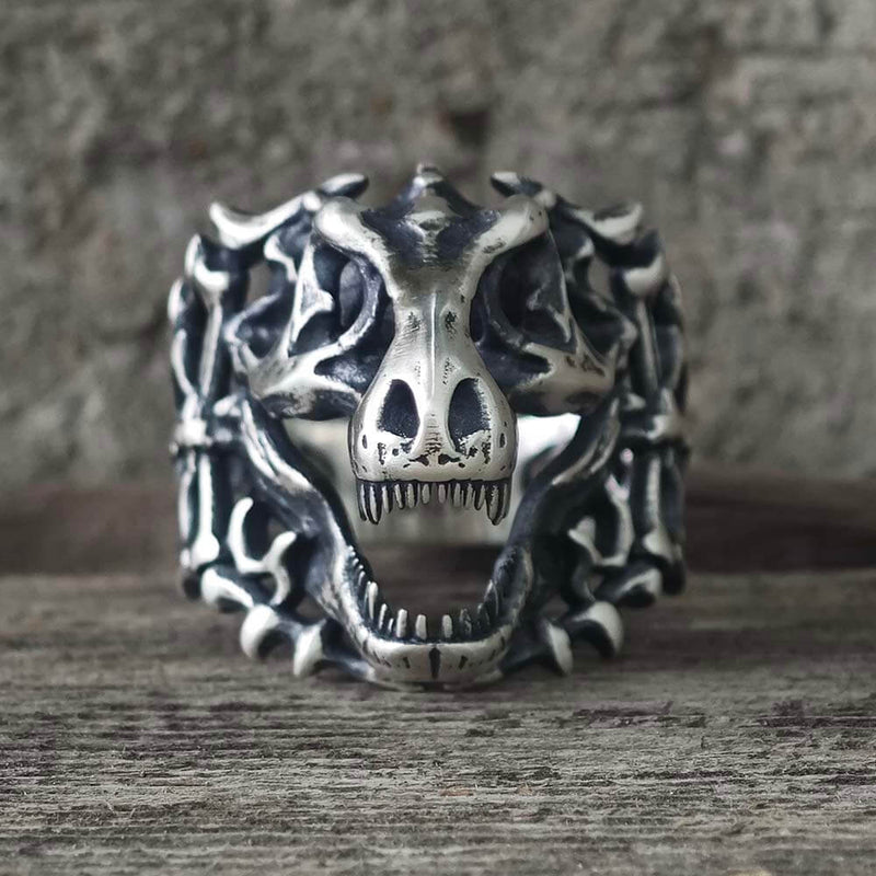 Roaring Tyrannosaurus Rex Skull Sterling Silver Ring
