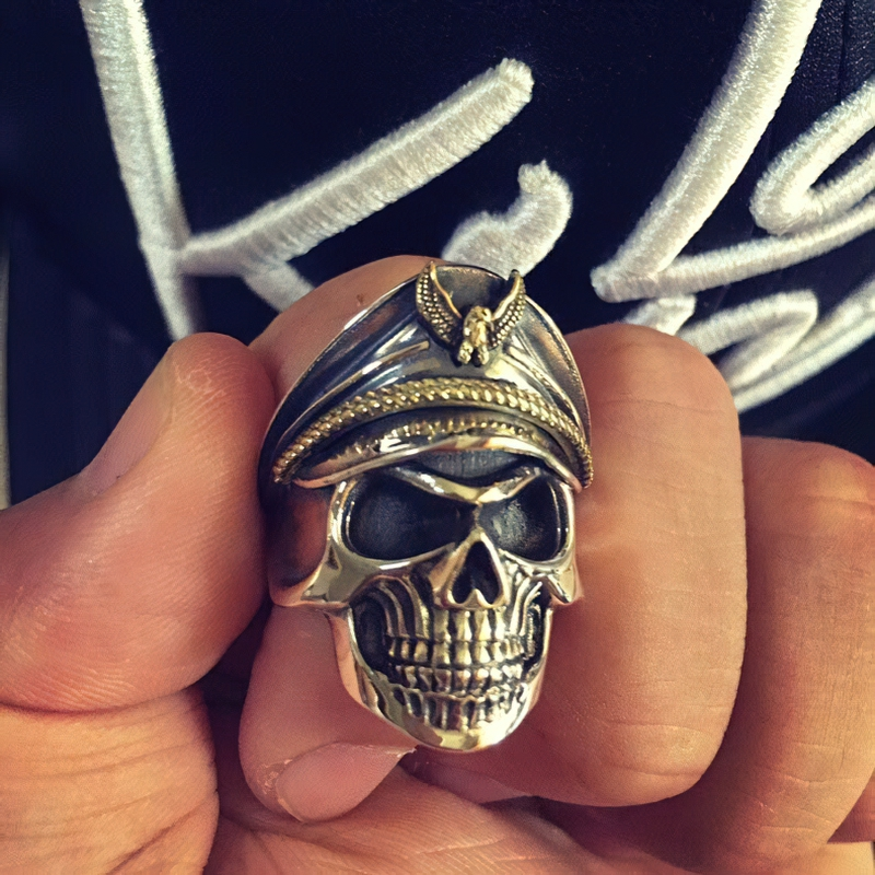 Rock Style Adjustable Ring With Pirate Captain Skull / 925 Sterling Silver Jewelry