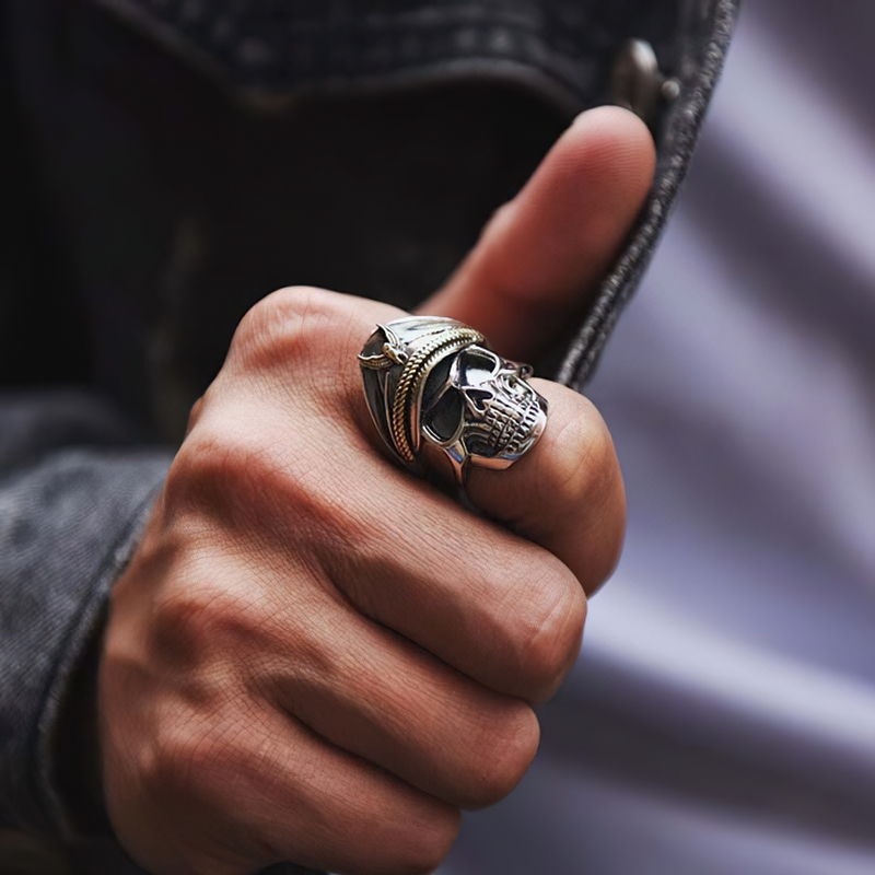 Rock Style Adjustable Ring With Pirate Captain Skull / 925 Sterling Silver Jewelry