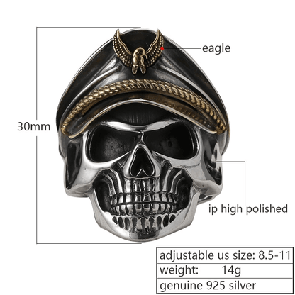 Rock Style Adjustable Ring With Pirate Captain Skull / 925 Sterling Silver Jewelry