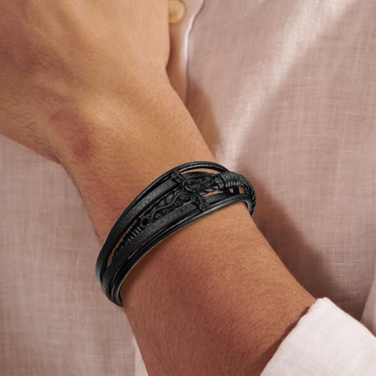 Christian Black Rose Cross Braided Leather Bracelet Gift for