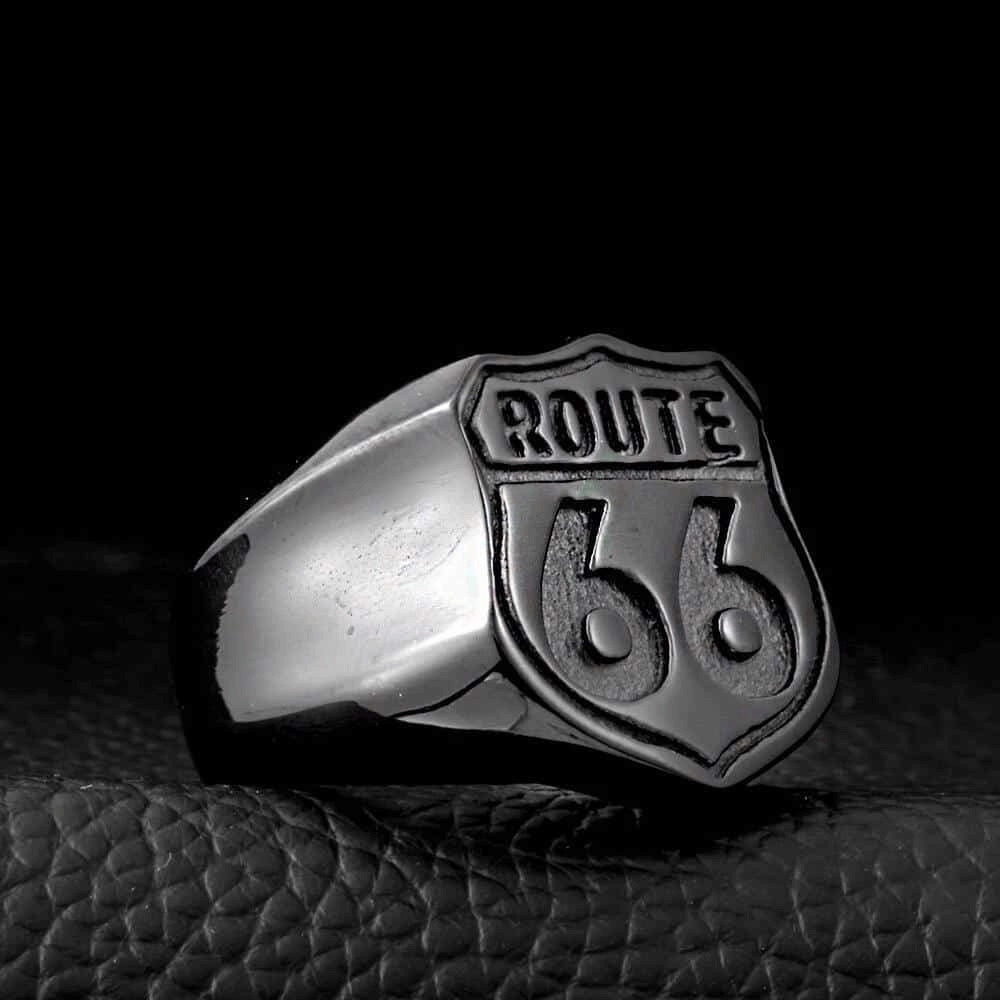 Route 66 Ring in Rock Style / Stainless Steel Biker Jewelry